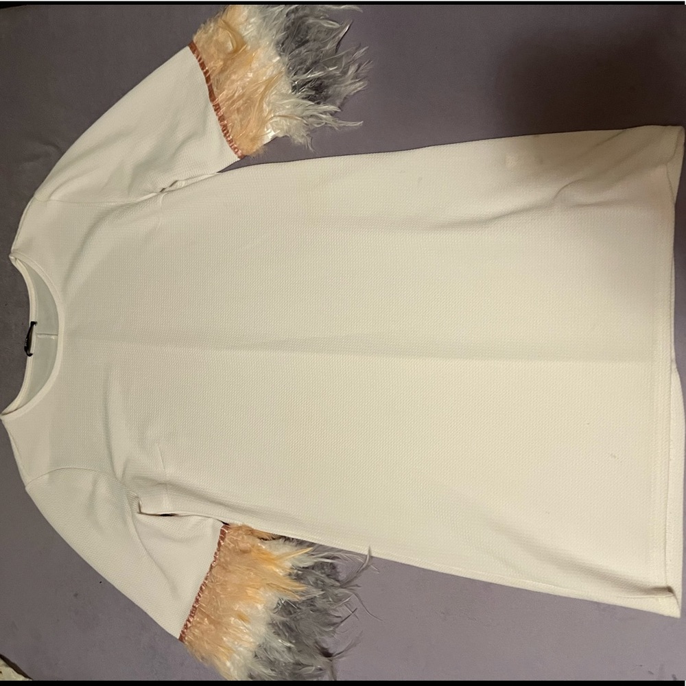 White Dress with Feathers on Sleeves